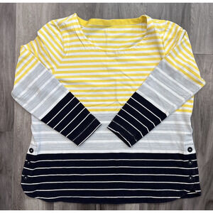 Talbots Women's 1X Blue Gray White Yellow Striped 3/4 Sleeve Round Neck Blouse